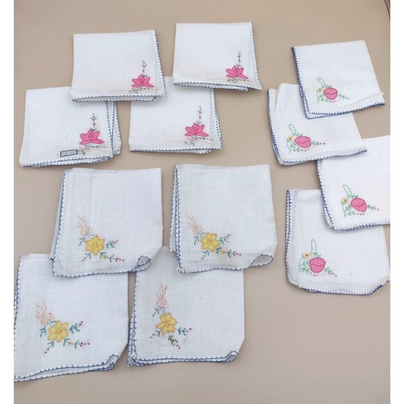 Vintage Hand-Embroidered Linen Napkins Handkerchief Floral Patterns Set Of 12 - Picture 1 of 14